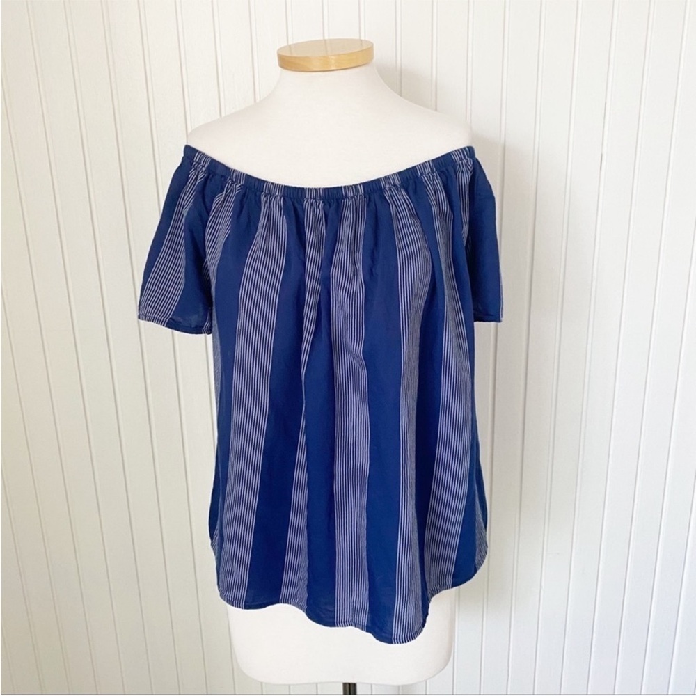 GAP Blue & White Striped Short Sleeve Off-Shoulder Top Size Medium Tall